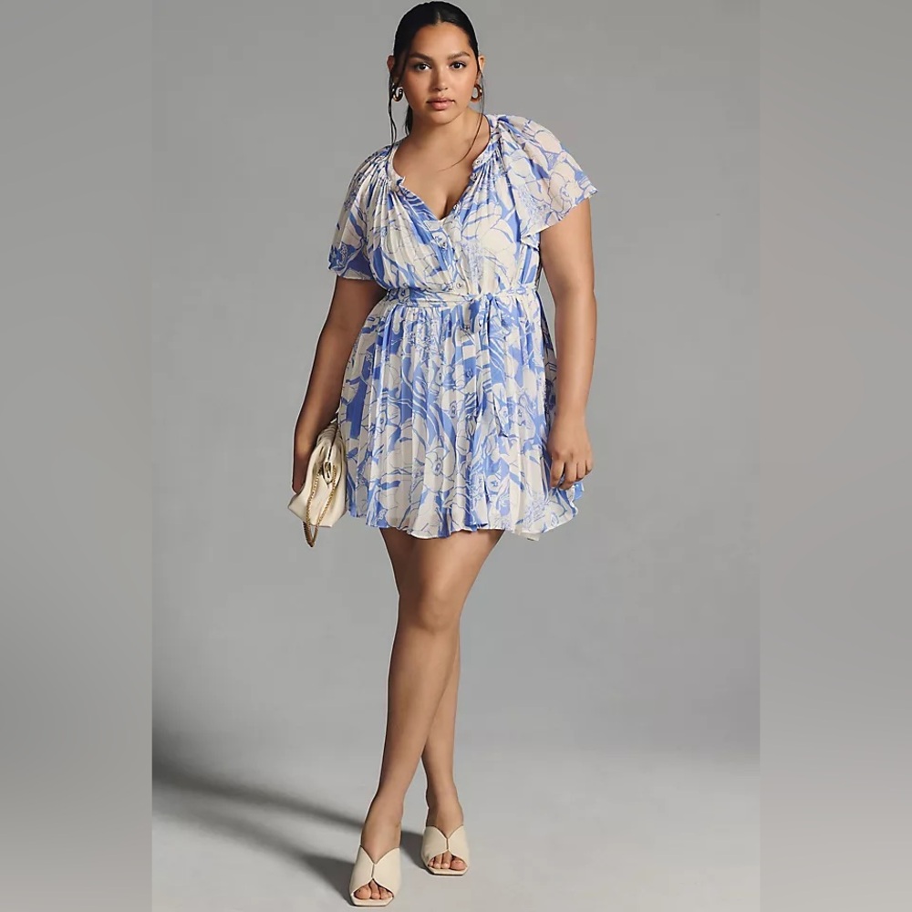 By Anthropologie v neck ruffle sleeve pleated mini dress sz 3X